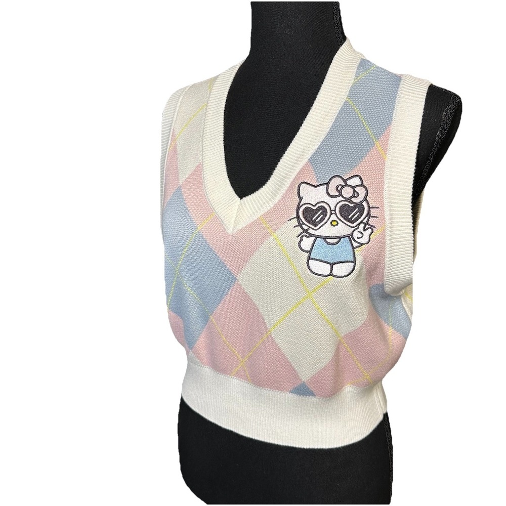 Hello Kitty Knit Sweater Vest Pink MED Argyle Preppy Academia Grunge Plaid
